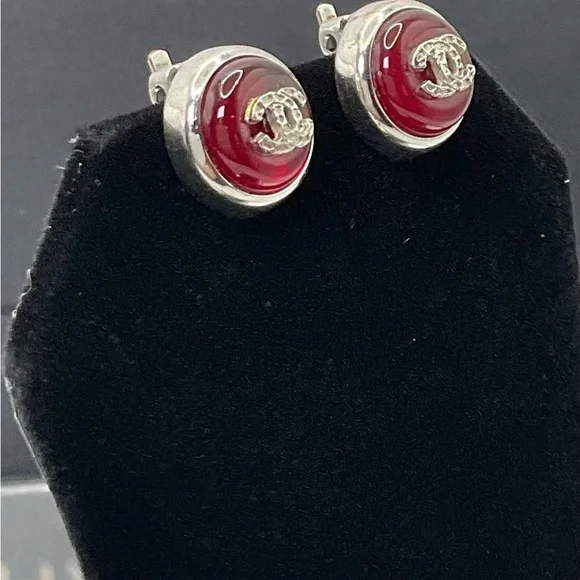 Chanel Silver and Red Gripoix Clip Earrings